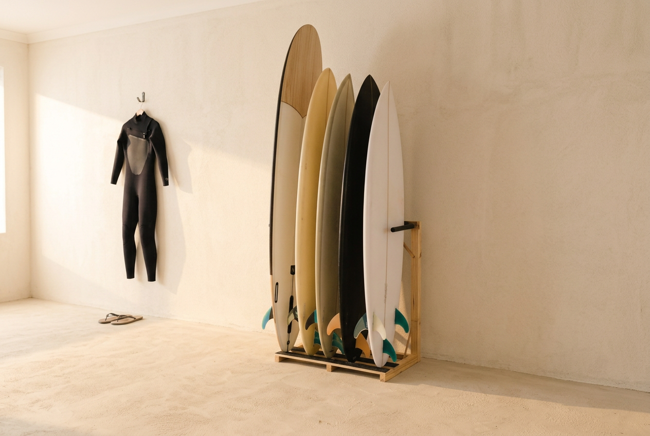 The same boards neatly stored upright in a SurfBros timber surfboard rack