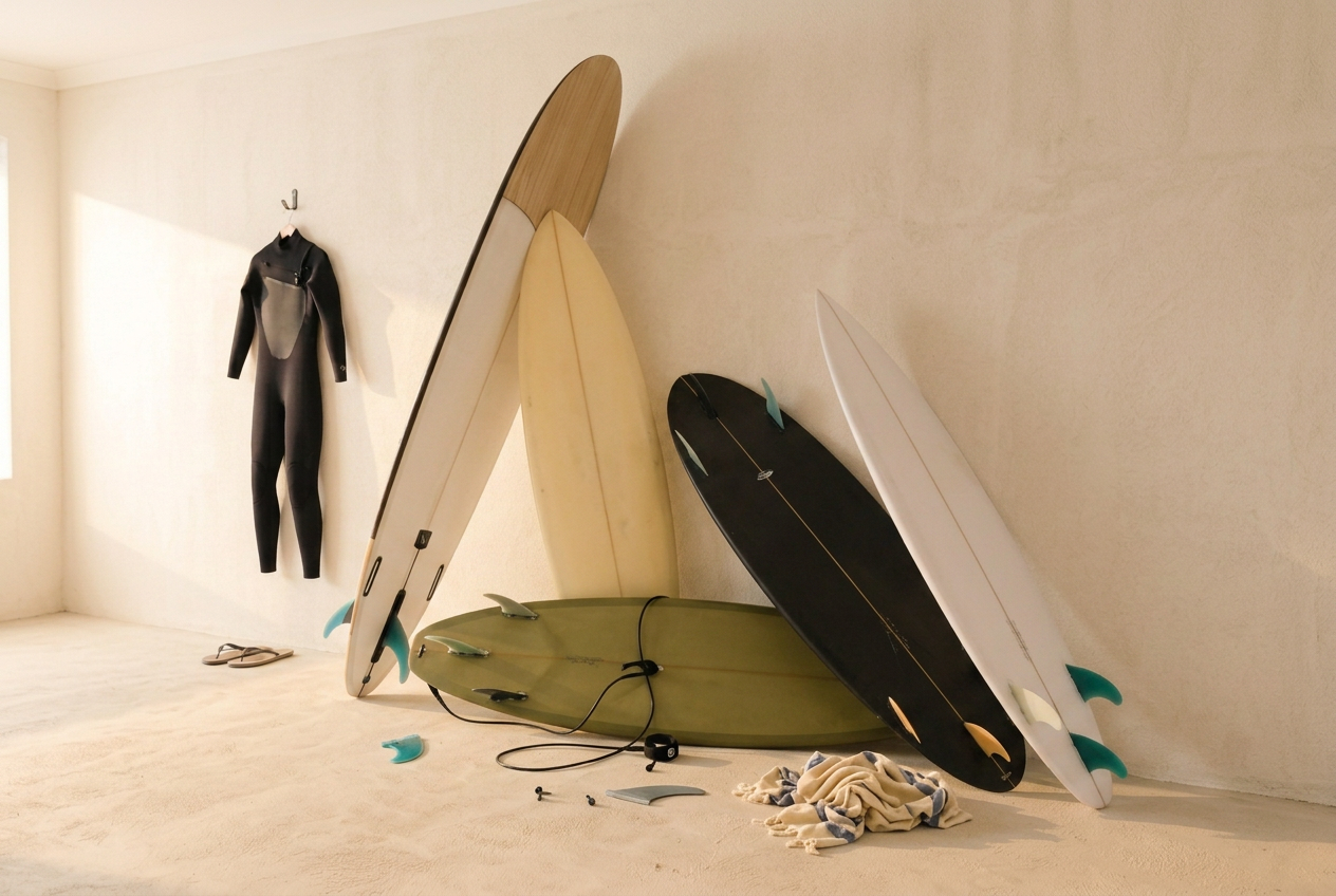 Surfboards scattered and leaning around a garage floor before a SurfBros rack