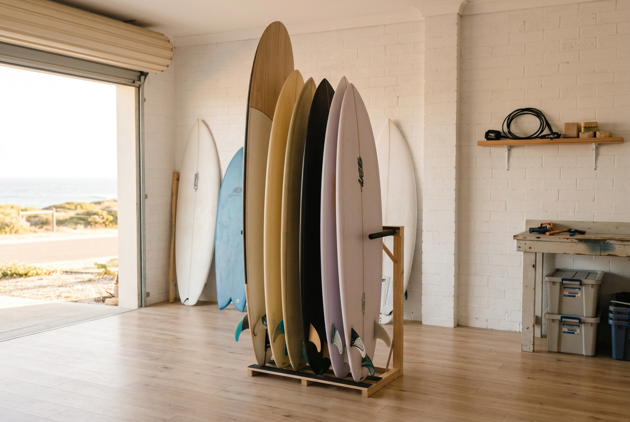 Loaded six-board SurfBros Quiver Rack 6 in a bright coastal garage shed