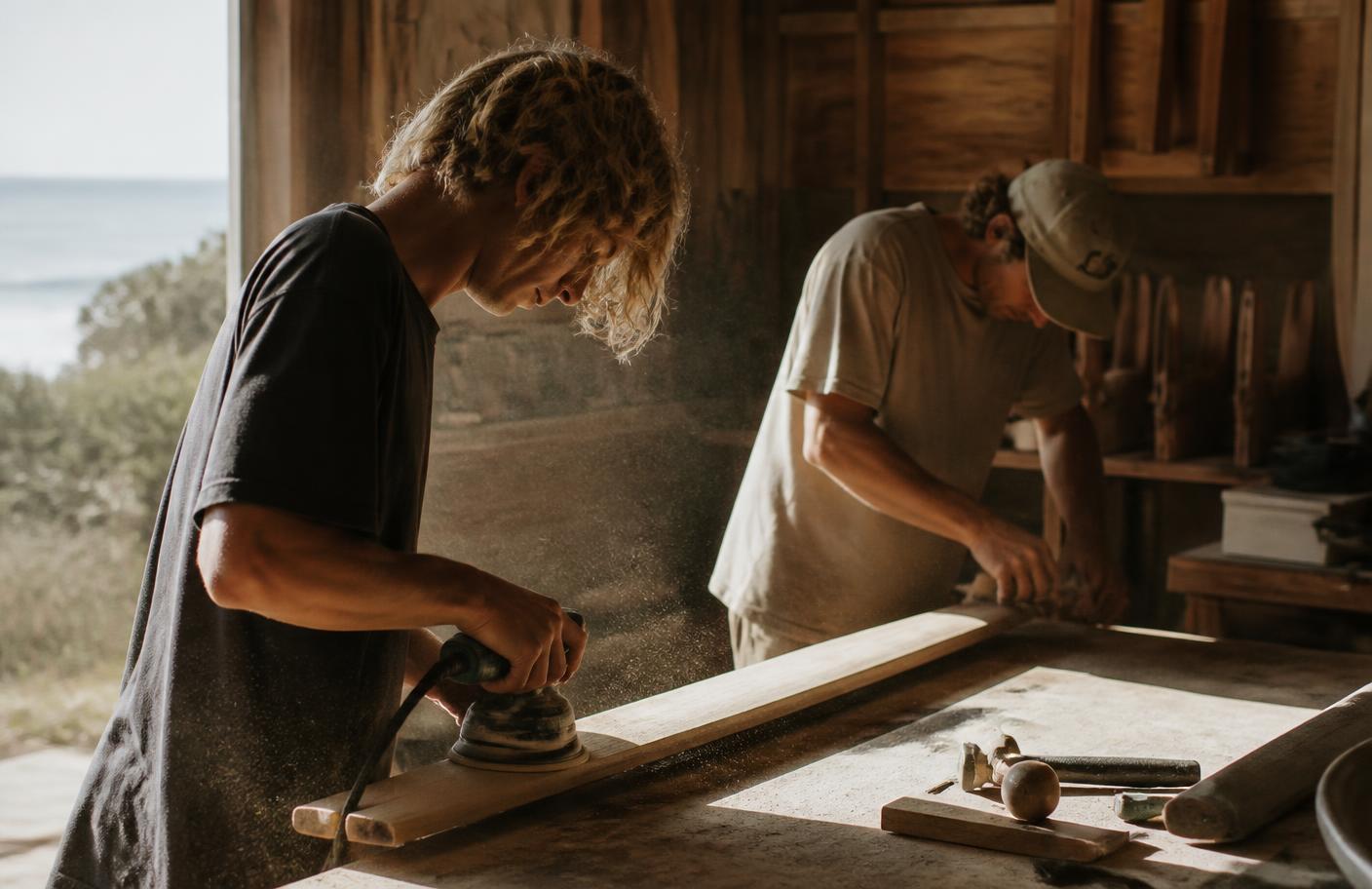 Two surfers sanding timber surfboard rack components in a coastal Australian workshop