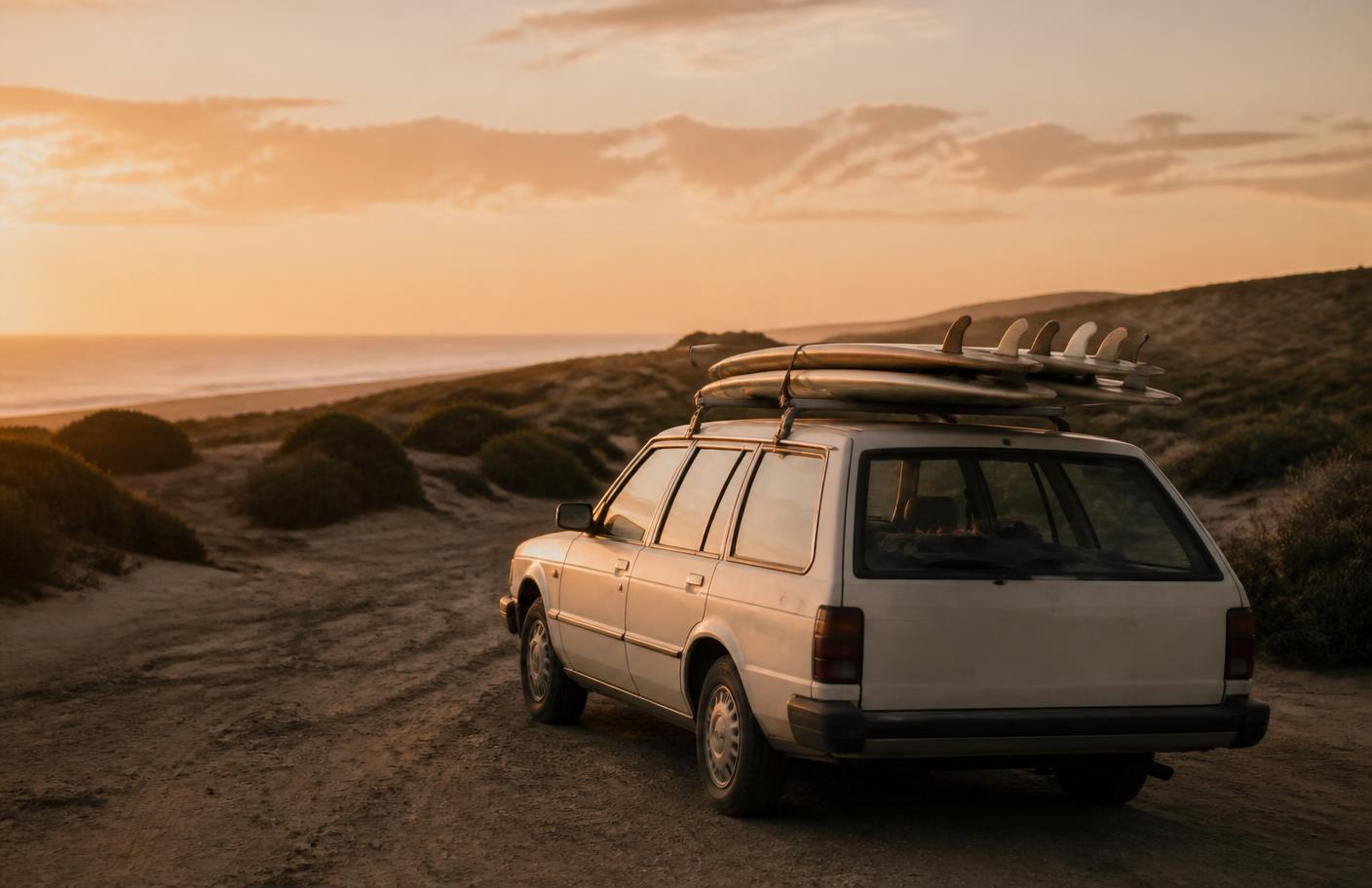 Old wagon with surfboards on the roof parked behind sand dunes at sunset
