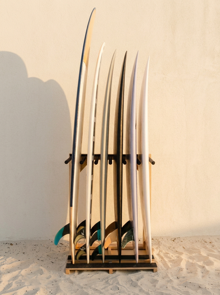 Surfboards standing upright in a SurfBros timber quiver rack